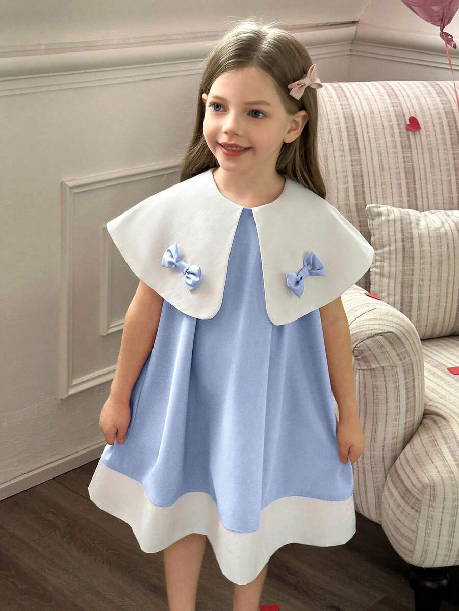 Elladie kids 女童白色领蝴蝶结设计宽松A字连衣裙 - 藍色 - 查看 1