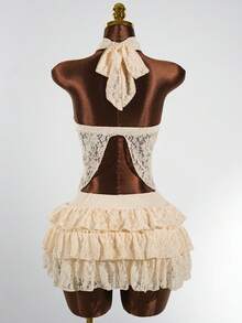 SaltGleam SaltGleam Bộ đồ nữ gợi cảm và ngọt ngào gồm áo hai dây ren khóa kim loại và chân váy xếp tầng. - Màu be - Xem 2