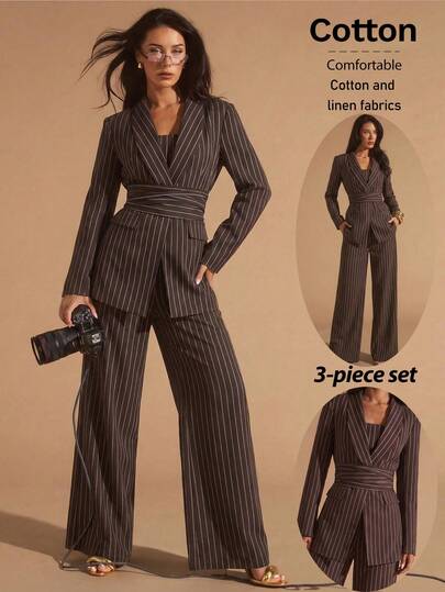 Glamine 3pcs Women's Brown Shawl Neck Suit Set, Women's Casual Commuter Versatile Suit Set, Suitable For Office, Commute, Outing, Loose Casual Suit Set