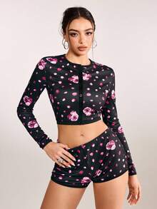 plantica 2pcs Casual Sexy Urban Chic Floral Print Velvet Crop Top And Shorts Set, Suitable For Outings, Travel, Dates, Parties, Festivals, Valentine's Day, Spring/Summer,Going Out,Sexy, Elegant,, Wedding Guest, Music Festival, Musician, Night Club - Multicolor - View 5