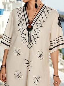 EMERY ROSE Plus Size Women's V-Neck Loose Knee-Length Dress, Printed Linen-Like Fabric, Suitable For Beach Vacation, Spring/Summer - Multicolor - View 6