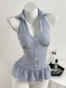 Elamini Blusa de mujer con cuello con volantes, diseño creativo - Azul - Ver 3