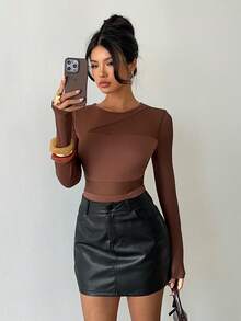 EMERY ROSE Áo thun nữ cổ tròn, phối lưới, tay raglan, ôm dáng, màu trơn - Cà phê nâu - Xem 5