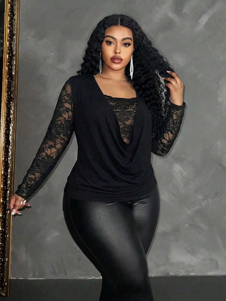 SHEIN Clasi Plus Size Women's Fashion Lace Patchwork Loose Neck