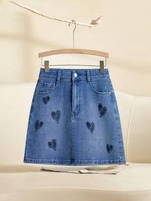 GlowEve Jupe mini en jean avec poche en biais, décoration de strass et broderie en forme de cœur pour femmes - Bleu azur - Voir 1