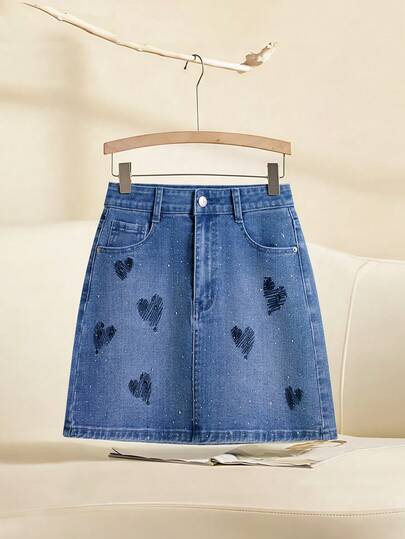 GlowEve Women's Rhinestone Decor Heart Embroidery Slant Pocket Denim Mini Skirt