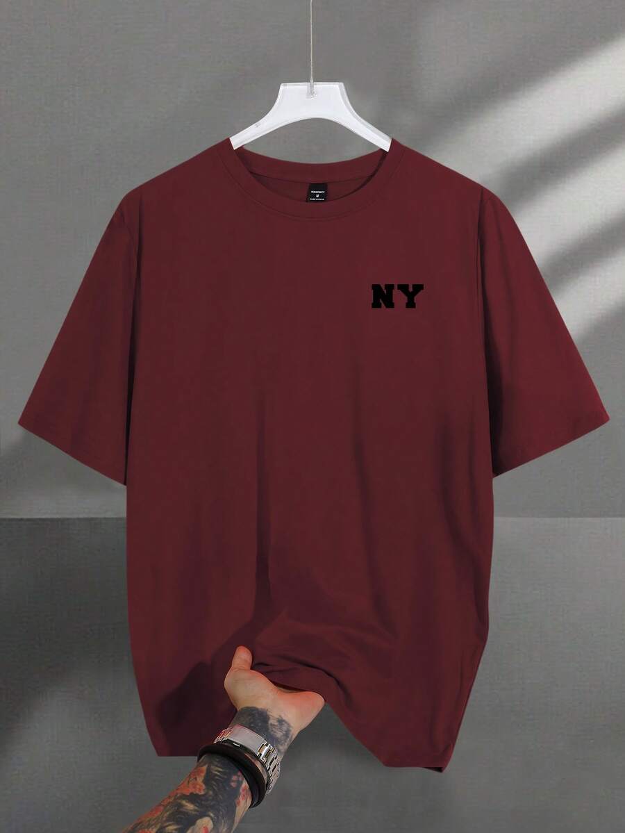 Claim Dot Men's Casual Letter Print Short Sleeve T-Shirt, Summer - Burgundy - View 1
