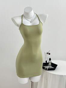 Elamini 女士休闲深V领荷叶边镂空不规则荷叶边下摆抽绳系带连衣裙 - 綠色 - 查看 3