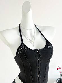 Elamini 女士时尚性感撞色蕾丝吊带牛仔上衣，夏季 - 灰色 - 查看 5