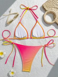 Swim Mod 刺绣夏季新款露背系带渐变花卉串珠女士比基尼套装，三角泳衣，适合海滩度假 - 彩色 - 查看 2