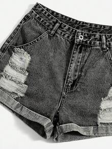 SHEIN EZwear 时尚夏季休闲做旧卷边牛仔短裤，带腰带环 - 淺灰色 - 查看 4