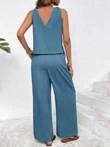 SHEIN Frenchy 女士纯色V领背心和裤子休闲两件套 - 藍色 - 查看 2