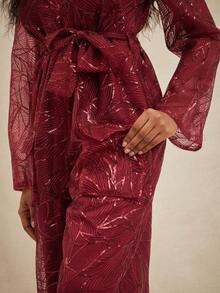 NYA SZN Jumpsuit Long Sleeve Collar Plunge Neck Loose Straight Leg Cargo Pocket Red Sequin Tie Detail Festive Holiday Christmas NYE New Years Eve Easter Valentine's Day Winter Spring Summer Event Party Date Occasion Luxury Outfits For Women - Burgundy - View 3