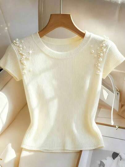 Franclia Women's Summer Knit Elastic Round Neck Short Sleeve Solid Color T-Shirt