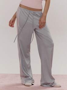MUSERA Pink Side Stripe Drawstring Tie Waist Wide Leg Relaxed Trouser Cute Girly Sexy Spring Winter Going Out Daily Easter Sugar Swizzle - Grey - View 2