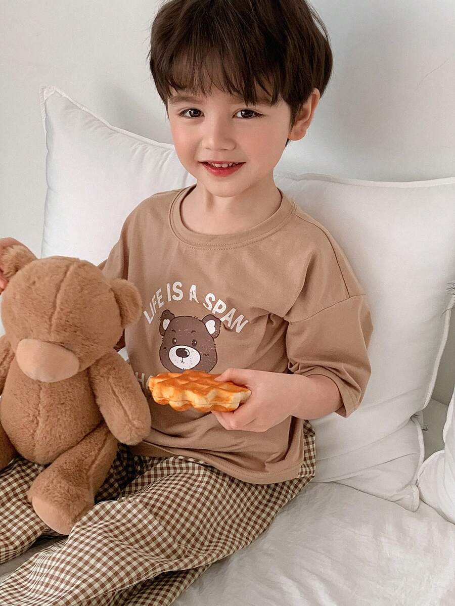 DAZY 男童可爱小熊印花短袖T恤和格子裤睡衣套装，夏季 - 卡其色 - 查看 1