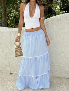 Sunnyshic 女士蓝色低腰格子长裙，蕾丝边设计，甜美可爱学院风，时尚百搭，适合日常、约会、海滩、春夏穿着。 - 藍色 - 查看 3