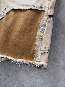 ROMWE MEN Street Life 男士休闲日常牛仔短裤，带口袋、纽扣和毛边裤脚 - 棕色 - 查看 5