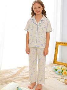 SHEIN 2件套女童碎花蝴蝶结装饰Polo领开衫和裤子休闲舒适宽松家居服套装 - 彩色 - 查看 4