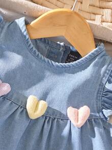 Baby Girl Floral Print Loose Denim Dress With Ruffle Hem And Flutter Sleeves, Light Blue Washed Denim, Spring/Summer New Arrival - Medium Wash - View 7