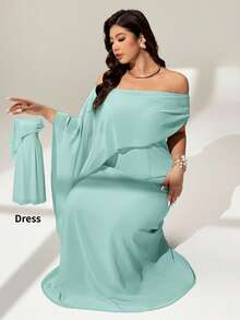 Auralis Váy suông cổ thuyền trễ vai mới ôm vừa vặn có dây thắt lưng bồng bềnh, váy/khăn choàng màu xanh bạc hà thanh lịch có tay áo thác nước, thích hợp cho sinh nhật, tiệc tùng, cocktail, đa năng, xuân/thu, cỡ lớn - Màu xanh Bạc hà - Xem 1