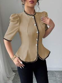 Elenzga 女士波点缎带短泡泡袖单排扣荷叶边下摆优雅衬衫 - 卡其色 - 查看 3