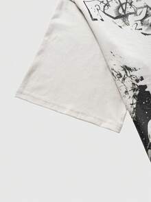 ROMWE MEN Street Life 男士休闲字母印花短袖T恤，夏季 - 杏色 - 查看 3