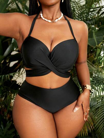 Slaydiva Plus Size Summer Casual Vacation Solid Color Halter Bikini Set