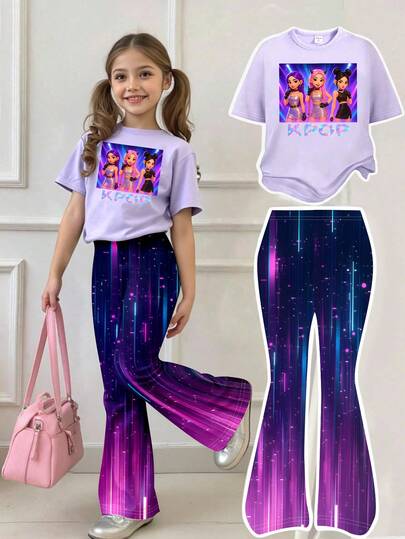 Conjunto de camiseta relajada y pantalones acampanados con estampado de grupo de chicas virtuales minimalista y fresco, con gráficos de pentágono, degradado y lema, para uso diario cómodo, adecuado para primavera, verano y otoño, para niñas jóvenes