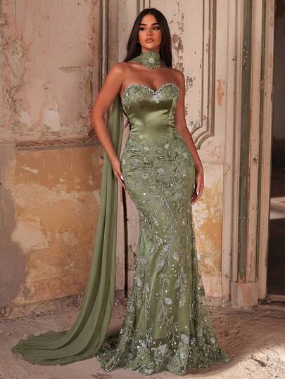 Glamrae Elegante y lujosa falda de punto elástico con flores 3D bordadas en verde, sexy sin tirantes, adecuada para bodas, fiestas, vacaciones, galas y vestidos de noche (muy adornada)