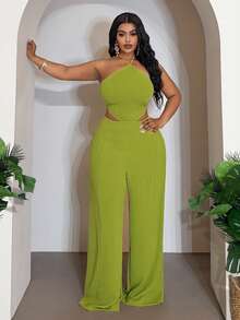 Slaydiva Plus Size Women Elegant Olive Green Summer Classy Night Out Club Halter Neck Hollow Out Wide Leg Pants Set, Sleeveless Tie-Knot Two Piece Outfit - Green - View 6