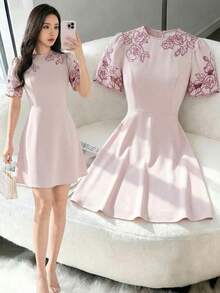 Heiryn Women's Elegant Commuter Floral Embroidery Mini Dress Pink Dress Korean Dress Elegant Dress - Pink - View 8
