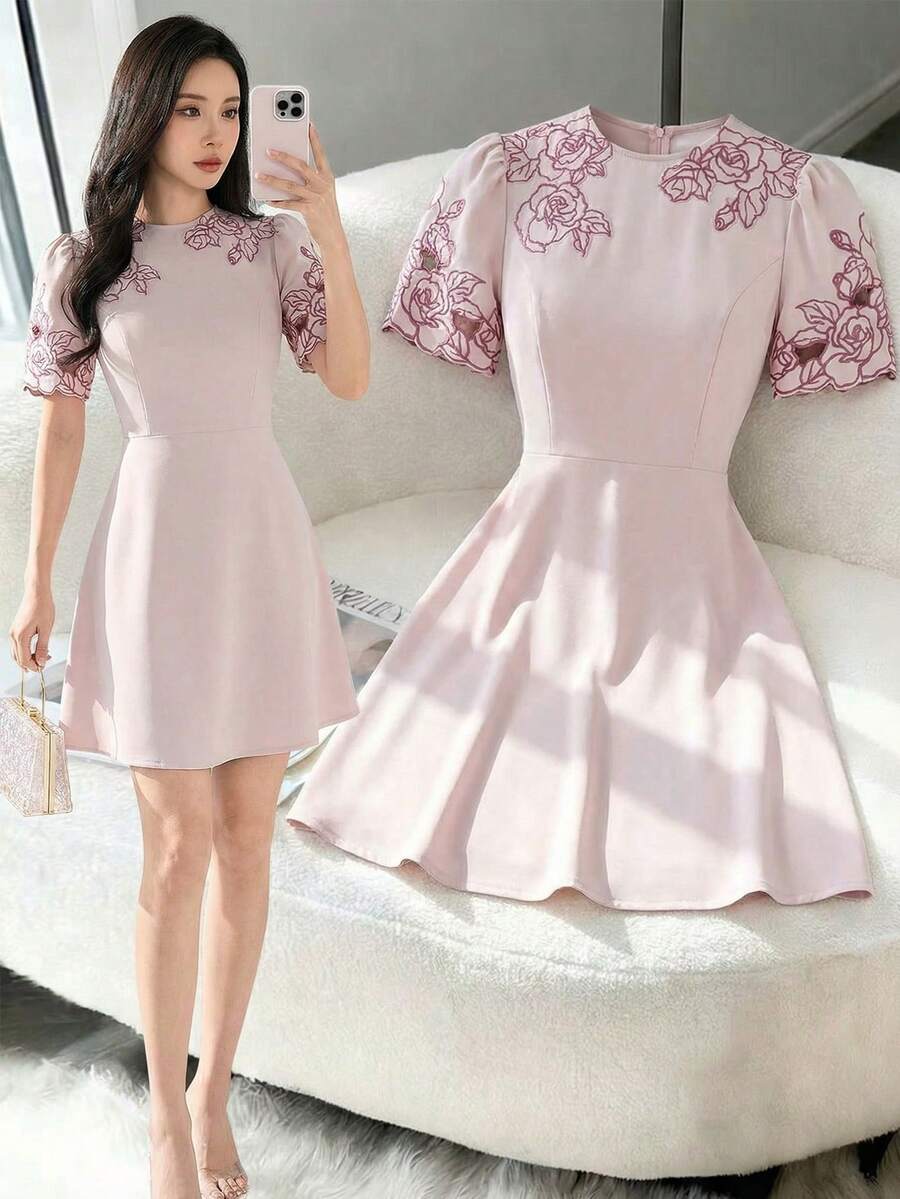 Heiryn Women's Elegant Commuter Floral Embroidery Mini Dress Pink Dress Korean Dress Elegant Dress - Pink - View 1