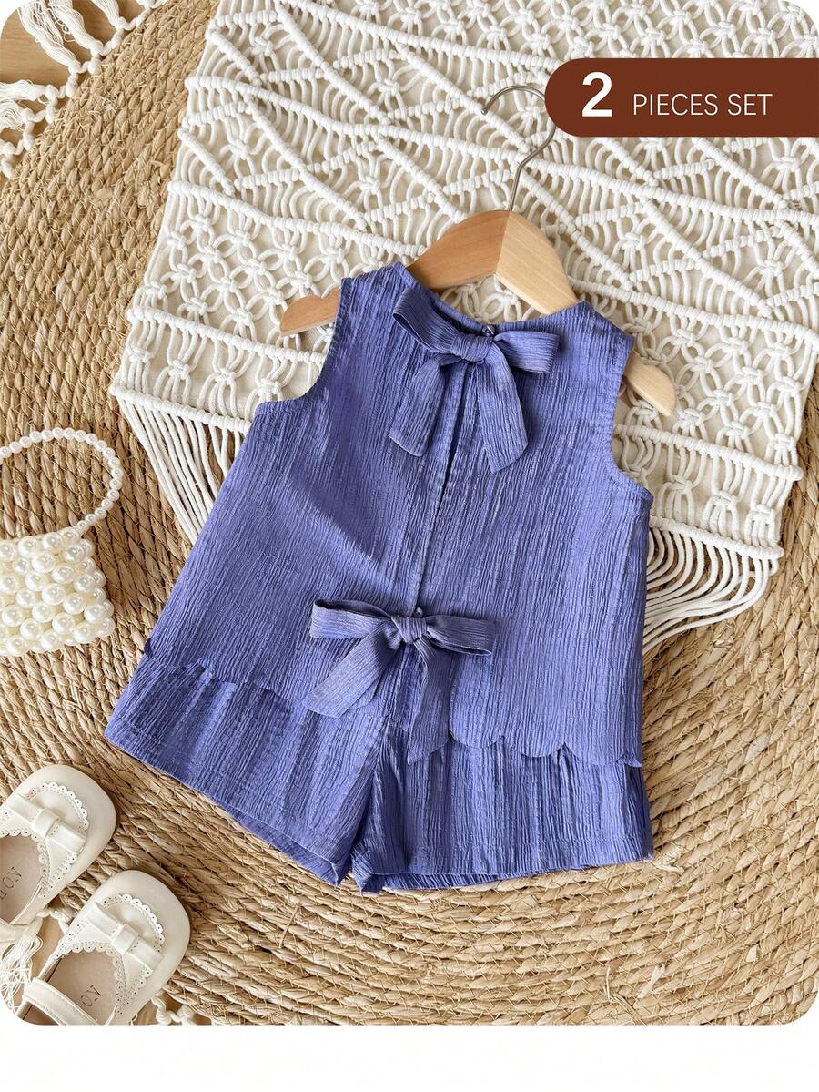 SHEIN 女宝宝度假可爱休闲蓝色蝴蝶结吊带背心和松紧腰短裤套装 - 彩色 - 查看 1