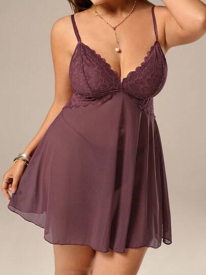 Auralis 2 件套：大码蕾丝撞色网眼性感吊带裙 + 丁字裤