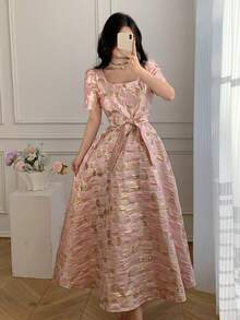 Celisse Textured Puff Sleeve Midi Dress, Square Neck, Cinched Waist Bow, Romantic Style For Dates And Commute, Elegant Tea Length Dress - Pink - View 1