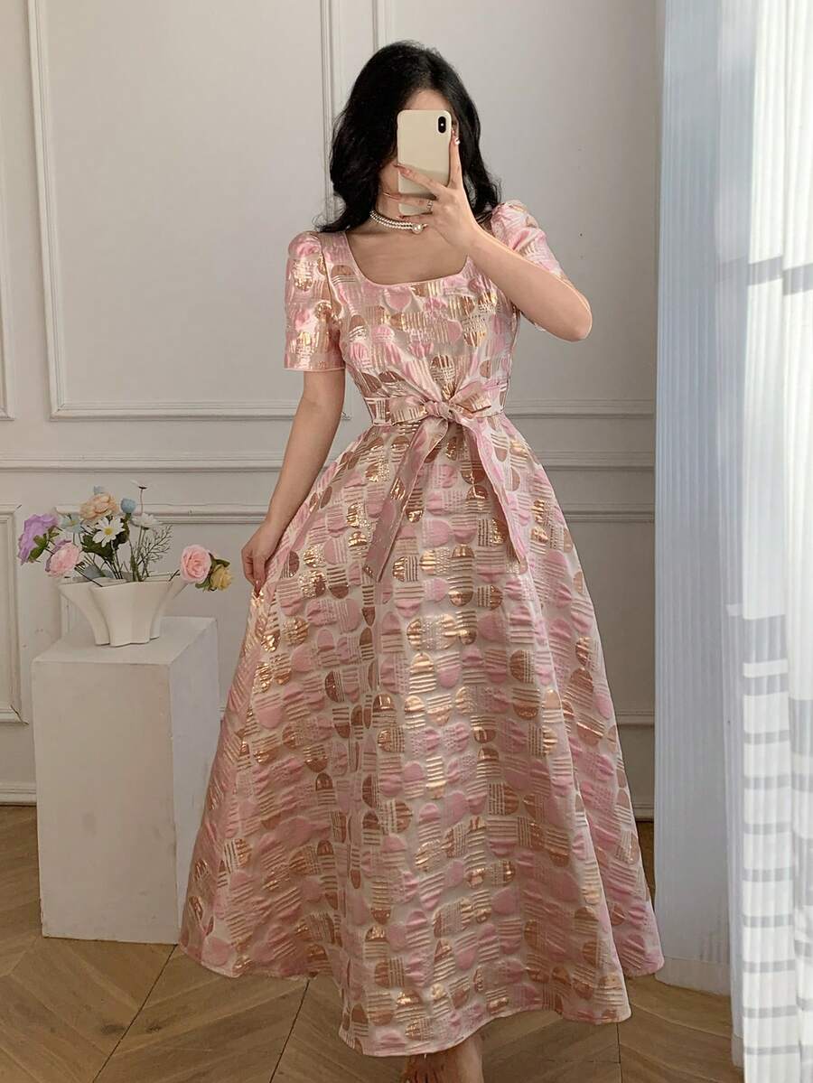 Celisse Textured Puff Sleeve Midi Dress, Square Neck, Cinched Waist Bow, Romantic Style For Dates And Commute, Elegant Tea Length Dress - Pink - View 1