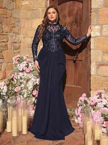 Glamrae Plus Size Elegant Navy Blue Luxurious 3D Beaded & Sequin Embroidered Asymmetrical Neck Sheer Long Sleeve Ruched Fishtail Formal Gown, Suitable For All Formal Occasions - Navy Blue - View 1