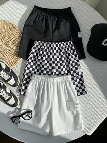 SHEIN 3件套男女宝宝休闲时尚工装裤短裤套装，春夏款，宝宝下装，街头风 - 黑與白 - 查看 4