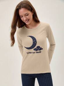 Loomlin 2pcs Cotton Contrast Colour Moon Printed Shirt And Star Printed Sleep Bottom PJ Set - Beige - View 5