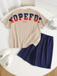 SHEIN 2pcs/Set Kids/Tween Boys Casual Versatile Comfortable Street Style Letter Print Loose Fit Round Neck Short Sleeve Knit T-Shirt And Shorts Set, Suitable For School, Garden, Beach, Birthday, Spring, Summer, Fall, Winter - Multicolor - View 4