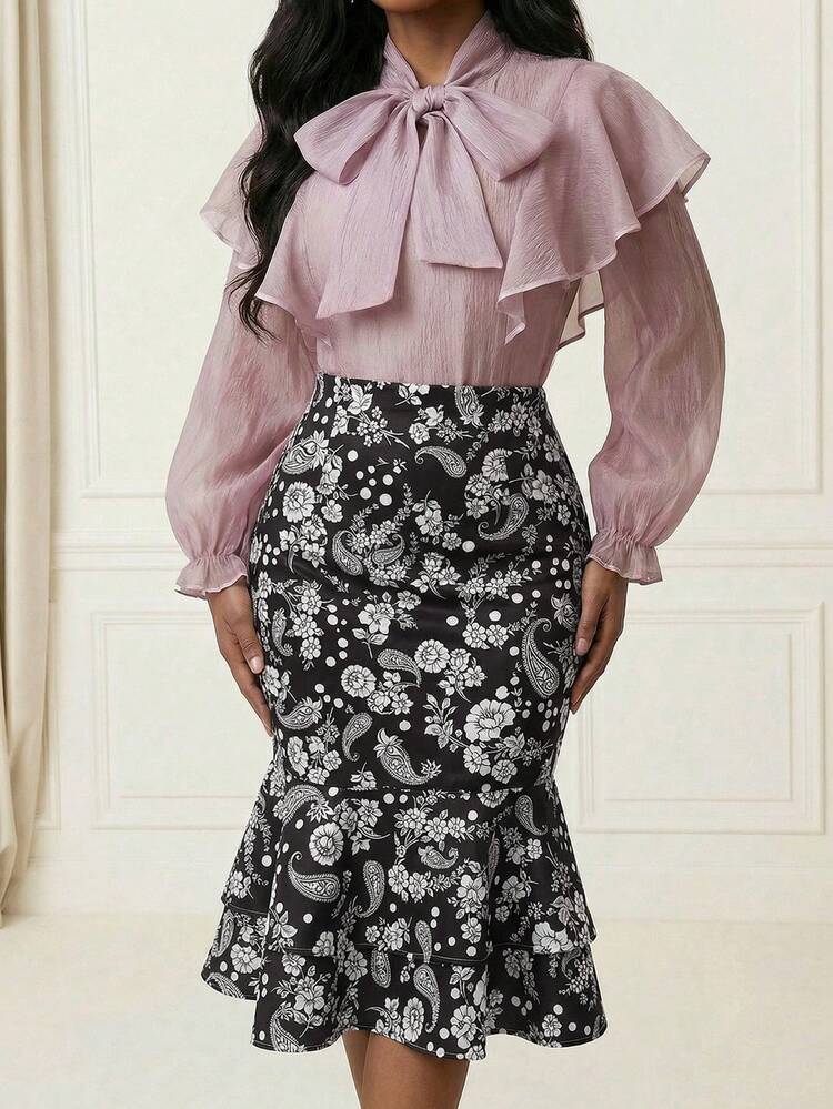 Falda sirena de Body ceñido con estampado floral de anacardo elegante