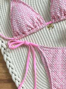 Swim Mod Women's Textured Halter Neck Bikini Set With Side Tie, Suitable For Beach & Seaside, Spring/Summer - Pink - View 3