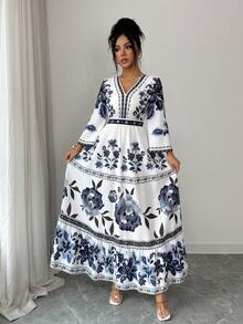 SHEIN Elenzya 女士印花喇叭袖收腰A字连衣裙，优雅百搭，适合度假、通勤、情人节、约会，展现法式街头风情，复古百搭，蓝白花卉植物印花，早春/春夏长袖中长连衣裙 - 彩色 - 查看 7