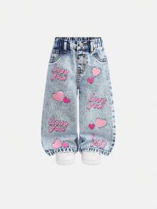 SHEIN Baby GirlPink Heart Pattern Loose Straight Leg Blue Denim Pants - Blue - View 6