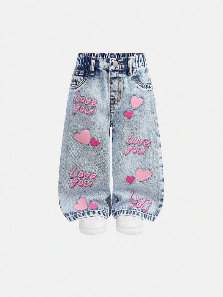 SHEIN Baby GirlPink Heart Pattern Loose Straight Leg Blue Denim Pants - Blue - View 6