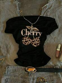 Tseoso Y2K 女款黑色露肩短袖T恤，饰有豹纹樱桃图案，西部风情节日款，褶皱腰身修身剪裁，适合春夏穿着，可用于上学、街头、Grunge、朋克、嘻哈、演唱会、派对等场合，也可全年叠穿。复古十字印花哥特风夜店风，Z世代必备。 - 黑色 - 查看 7