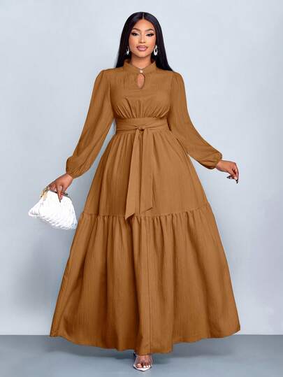 SOLERSUN 大码女装纯色宽松休闲立领前开衩水滴扣高端设计长袖腰带修身A字长裙，优雅舒适休闲时尚通勤气质连衣裙，新款，日常穿着，新年、秋季、冬季、约会、圣诞节，女装