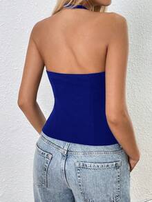 SHEIN EZwear 女士休闲纯色常规版型无袖露背吊带上衣，适合夏季、春季、情人节、圣帕特里克节、复活节、海滩度假、外出等场合，性感皇家蓝夏季上衣 - 寶藍色 - 查看 2