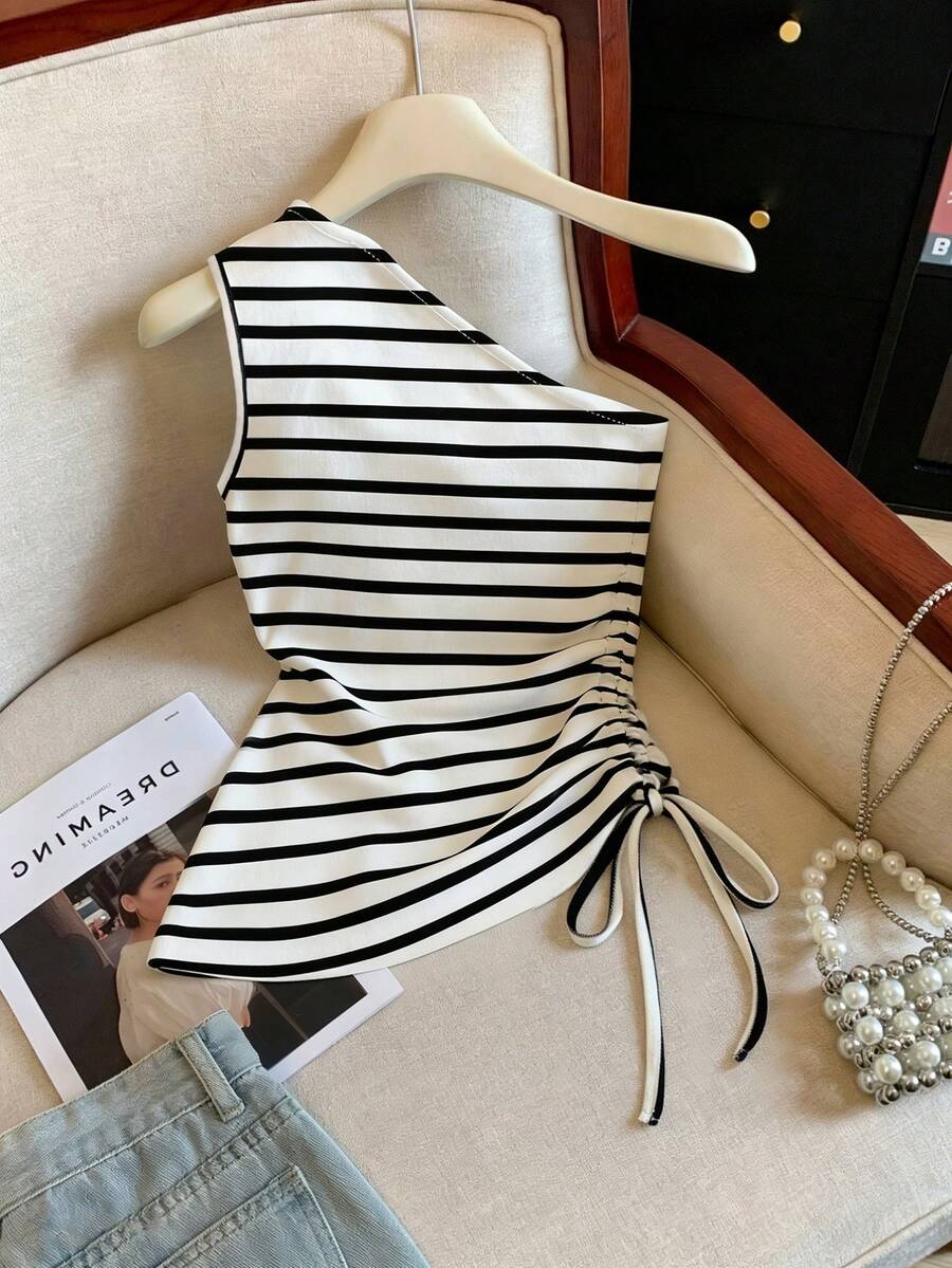 GlowEve Blusa casual sin mangas con cordón lateral a rayas para mujer - Blanco y Negro - Ver 1